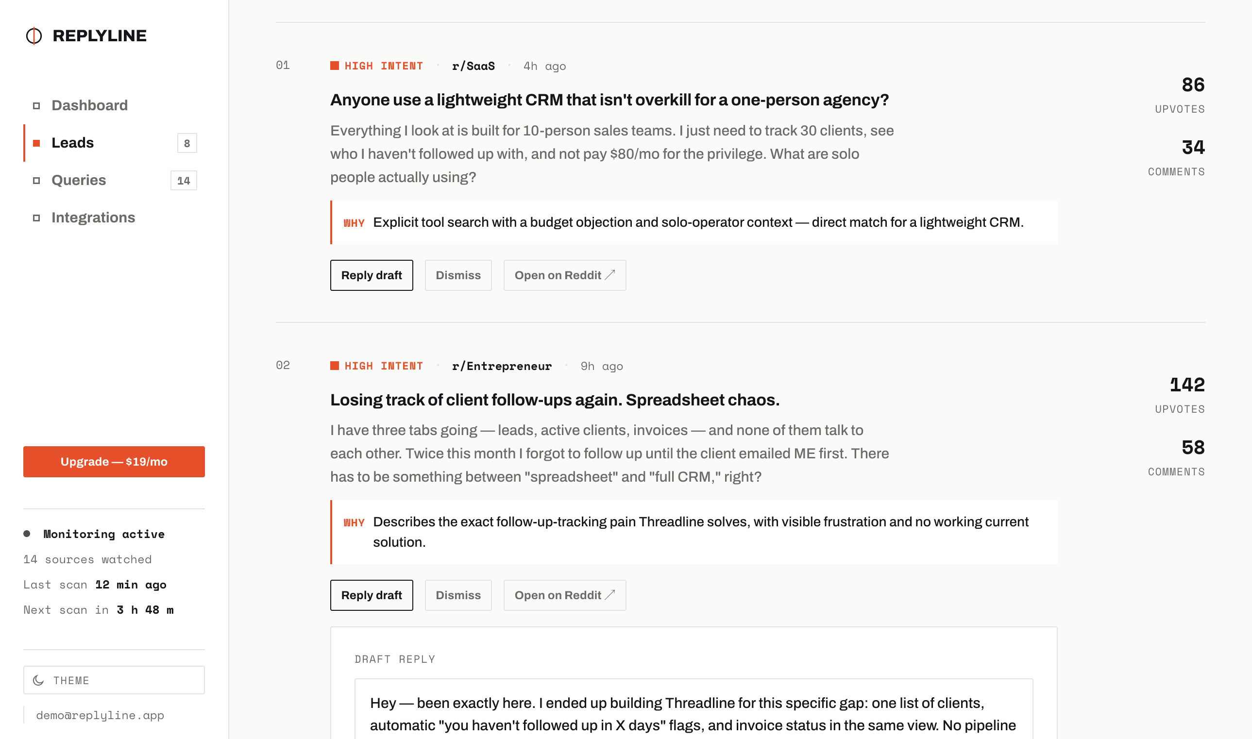 Replyline feed showing scored Reddit leads and draft replies